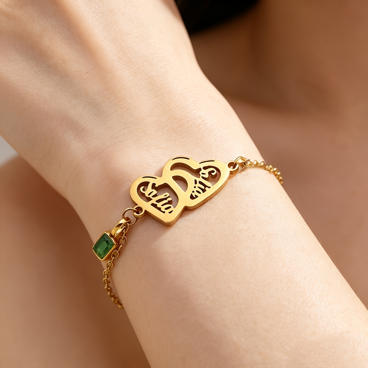 Custom Name Heart Bracelet with Green, Adjustable Stainless Steel Chain